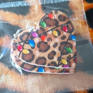 Leopard heart shaped christmas earrings